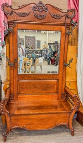 Quality Victorian Oak Hall Tree with Mirrored Back and Seat