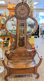 Oak Bonnet Top Curved Glass China Cabinet with Griffins