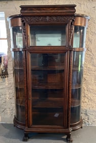 Oak Bonnet Top Curved Glass China Cabinet with Griffins