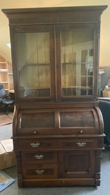 High Grade Burled Walnut Barrel Front Secretary with Bookcase Top