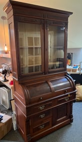 High Grade Burled Walnut Barrel Front Secretary with Bookcase Top