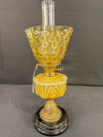 English Yellow Case Glass and Amber Hobnail Shade Oil Lamp