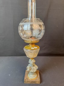 Victorian Figural Spelter and Acid Etched Glass Oil Lamp