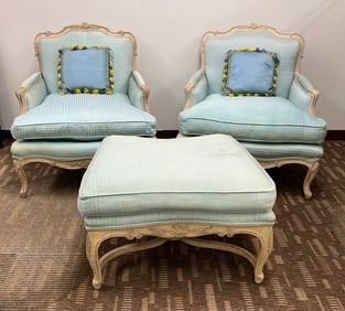 Baker Oversized French Armchairs with Ottoman
