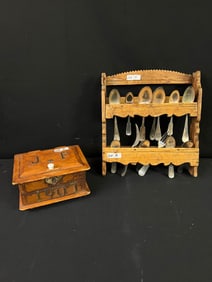 Folk Art Box with a Folk Art Spoon Holder and Several Coin Silver Spoons