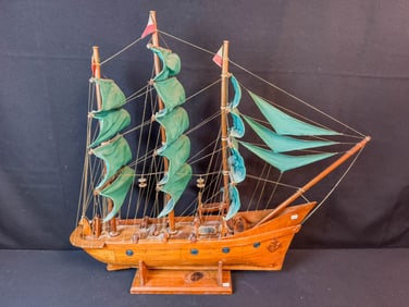 Wooden Folk Art Boat with Green Sails