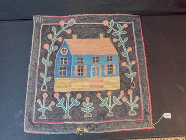 Folk Art Hand Hooked Rug Depicting a House in a Floral Garden c. 1880