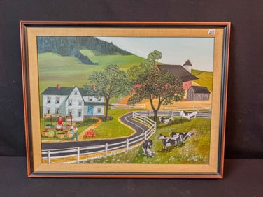 Oil on Canvas Folk Art Painting of a Farm Scene