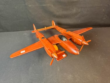 Folk Art Hand Carved P-38 Lightening Mahogany Airplane