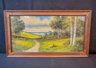 A. Gunderson "Glimpse of the Sea" Pastel Arts & Crafts Drawing c. 1915