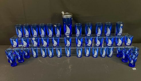 Late 1940s Cobalt Sailboat Glassware Set
