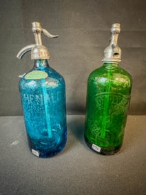 2 Antique Advertising Colored Glass Seltzer Bottles