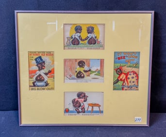 5 Black Americana Postcards, c. 1930s, Framed