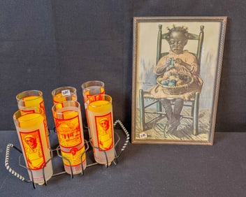 Black Americana Set of 6 Aunt Fanny's Cabin Mint Julep Glasses in Carrier & a Framed Litho
