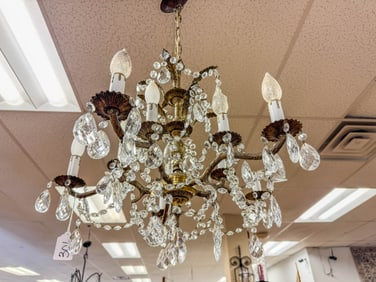 10-Arm Brass and Crystal Chandelier
