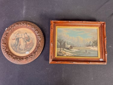 Small Folk Art Painting of a Winter Scene and a Round Floral Hand carved Frame