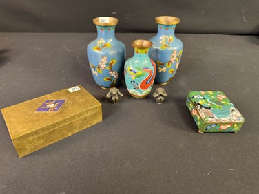 Group of Cloisonne Vases & More