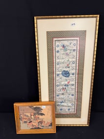 An Oriental Framed Silk Embroidery Along with an Early Block Print & More