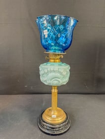 English Duplex Oil Lamp with Powder Blue & Molded Font
