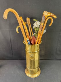 English Brass Umbrella Stand with Lions Head, Filled with Canes and Umbrellas