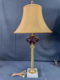 A Fancy Marble, Brass and Ruby Cutback Table Lamp
