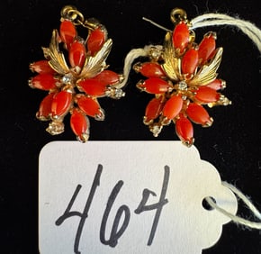 Red Coral & Diamond Baguette Earrings