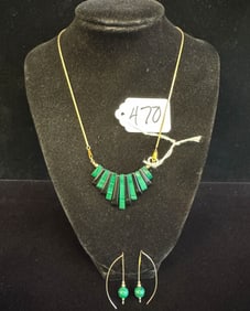 Gold Filled over Silver Malachite Necklace and Lapis Pierced Earrings