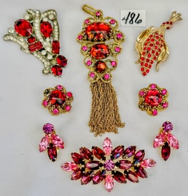 Group of Pink and Red Rhinestone Jewelry to include Pendants, Earrings, Brooches.