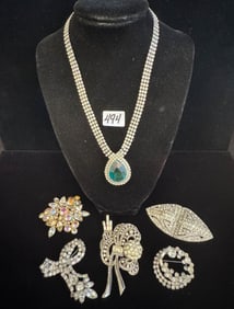 Large Lot of Rhinestone Jewelry to Include Pins, Brooches, Necklace