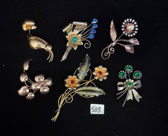 Large Lot of Floral Brooches