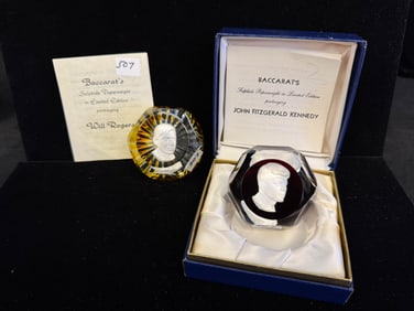 Two Baccarat Paperweights- JF Kennedy & Will Rogers
