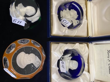 4 Baccarat Sulphite Cameo Paperweights - Andrew Jackson, Davinci, Queen Elizabeth II & Prince