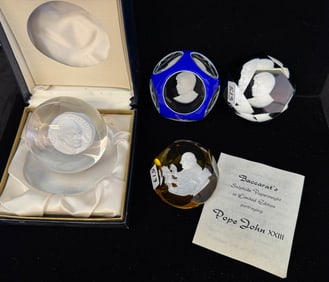 4 Baccarat Sulphite Cameo Paperweights - Pope John, Eisenhower & 2 Pierre Laval