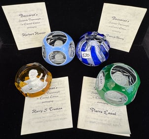 4 Baccarat Decorative Sulphite Cameo Paperweights - Patrick Henry, Pierre Laval, Herbert Hoover,