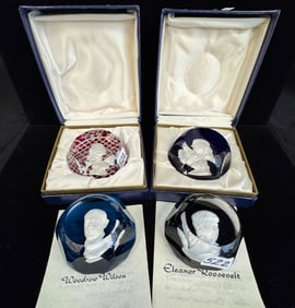 4 Baccarat Sulphite Cameo Paperweights - Eleanor Roosevelt, Woodrow Wilson, Benjamin Franklin, and