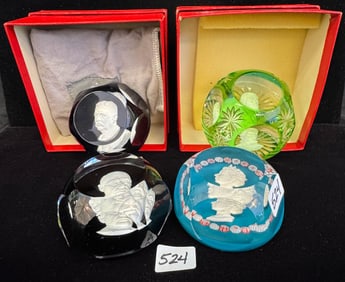 4 Baccarat Decorative Sulphite Cameo Paperweights - James Monroe, Woodrow Wilson, Queen Elizabeth