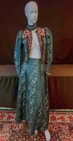 Victorian FLoral Peacock Silk Brocade Jet beaded Dress c1870's