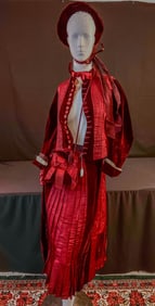 Fancy Victorian Burgundy Silk and Velvet Dress, Bonnet and Muff C1880's