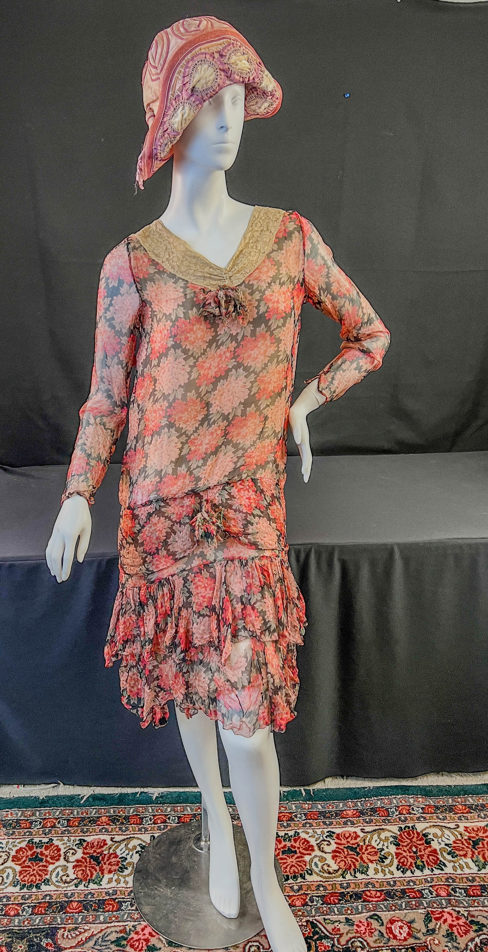 1920's Silk Floral Dress, Cloche: A Silk pink floral drop waist dress with flutter skirt and lace neckline, and a 1920's pink silk cloche with a Quaker Maids Label in good condition.