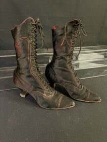 Victorian Fancy Pair of black Silk High Lace Up heeled boots with Red Stitching