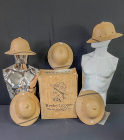 Group of 5 1930's Hawley Trooper Pith Helmets in original Advertising Box