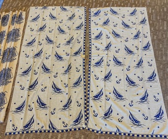 Dead Stock Set of 1940's Sailboat Curtians, Bedspread