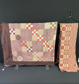 2 Antique Bed Covers, Jacquart Coverlet c1850's and Quilt Topper c1900