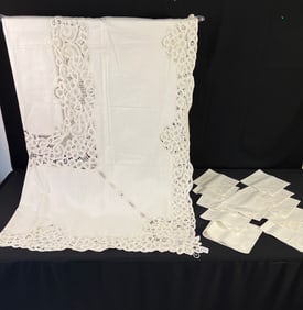 Battenburg Lace Tablecloth and 12 Matching Napkins