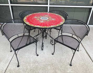 Wrought Iron Decorative Tile Top Patio table and 4 Chairs