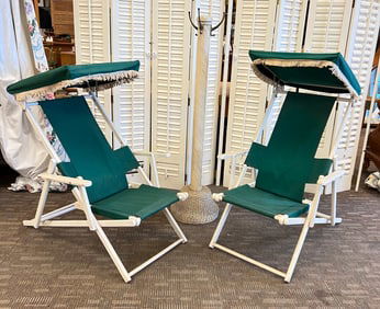 2 Folding Beach Chairs C.1940's w/Sunshades, Wicker Coatrack