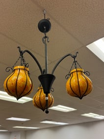 Contemporary Three-Shade Art Glass Iron Chandelier