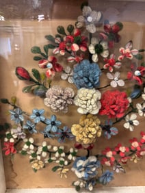 Walnut Victorian Shadowbox Frame with String Floral Arrangement