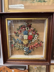 Walnut Victorian Shadowbox Frame with String Floral Arrangement