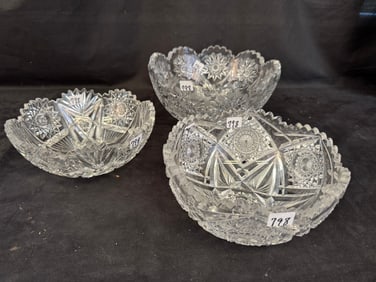 2 Brilliant Cut Crystal Bowls, 1 Pressed Crystal Bowl